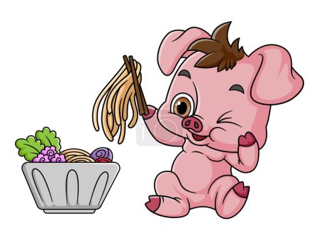 Cute pig Eating Ramen Bowl avec baguette d'illustration