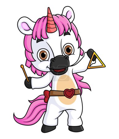 Illustration for Cute cartoon unicorn playing a triangle bell of illustration - Royalty Free Image