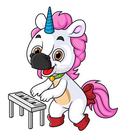 Nettes Cartoon-Einhorn spielt Keyboard Music Piano der Illustration