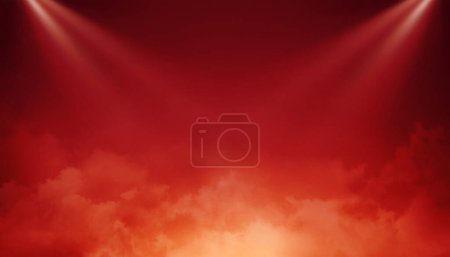 Photo for Empty red scene with stage spotlights, warm centered colored light and smoke. Concert lighting and mist, night show background. - Royalty Free Image