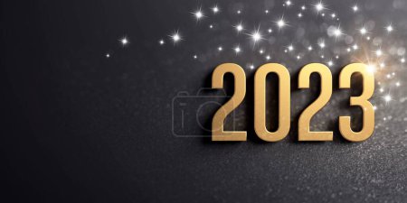 Foto de Tarjeta de felicitación de año nuevo 2023. Número de fecha coloreado en oro sobre un fondo negro brillante - Imagen libre de derechos