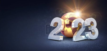 Photo for Happy New Year 2023 greeting card : silvery date numbers with a gold earth globe, shining on a black background - 3D illustration - Royalty Free Image