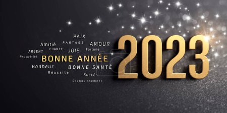Photo for Happy New Year greetings in French language and 2023 date number colored in gold, on a glittering black card - Royalty Free Image