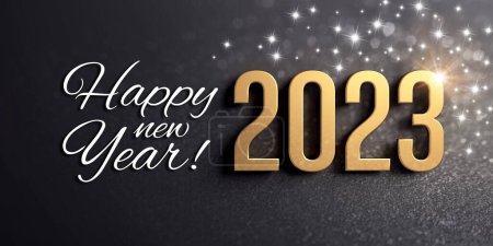 Photo for Happy New Year greetings and 2023 date number colored in gold, on a glittering black card - Royalty Free Image