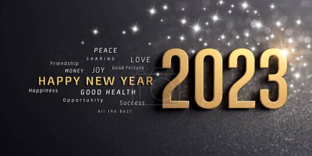 Foto de Feliz Año Nuevo saludos y 2023 número de fecha de color oro, en una tarjeta negra brillante - Imagen libre de derechos