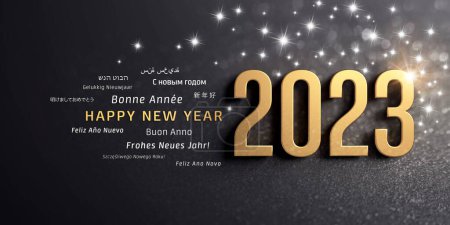 Foto de Feliz Año Nuevo saludos en varios idiomas y 2023 número de fecha, coloreado en oro, sobre un fondo negro festivo, con purpurina y estrellas - Ilustración 3D - Imagen libre de derechos