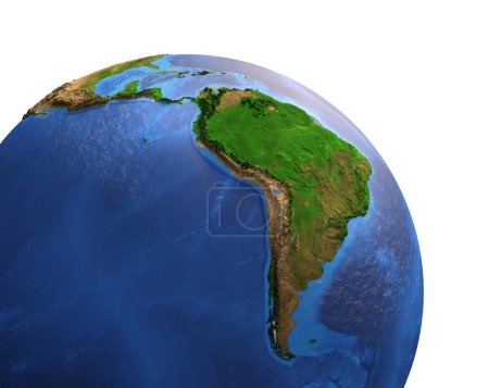 Foto de Vista satelital de alta resolución del Planeta Tierra, enfocada en América del Sur y Central, Brasil y la selva amazónica - Ilustración 3D, elementos de esta imagen proporcionados por la NASA. - Imagen libre de derechos