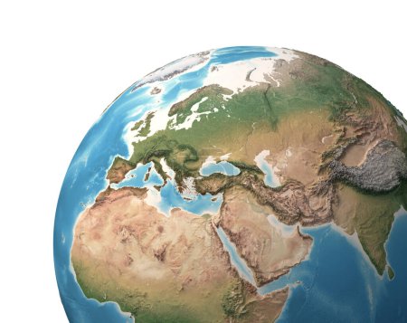 Foto de Vista satelital de alta resolución del Planeta Tierra, enfocada en Europa, Eurasia, Medio Oriente, Norte de África - Ilustración 3D, elementos de esta imagen proporcionados por la NASA. - Imagen libre de derechos