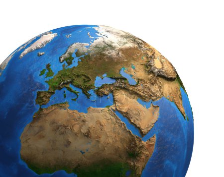 Foto de Vista satelital de alta resolución del Planeta Tierra, enfocada en Europa, Eurasia, Medio Oriente, Norte de África - Ilustración 3D, elementos de esta imagen proporcionados por la NASA. - Imagen libre de derechos