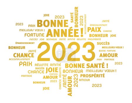 Foto de Palabras de saludo en torno a la fecha de Año Nuevo 2023, coloreadas en oro, en lengua francesa, aisladas en blanco. Nube de palabras desea. - Imagen libre de derechos