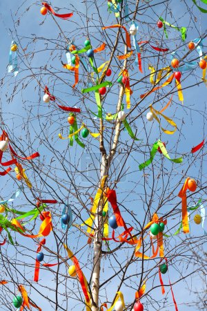 Photo for Traditional Czech Easter Tree on blue sky background close-up. - Royalty Free Image