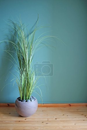Photo for Artificial home plant on a green wall background. Space for your text. - Royalty Free Image