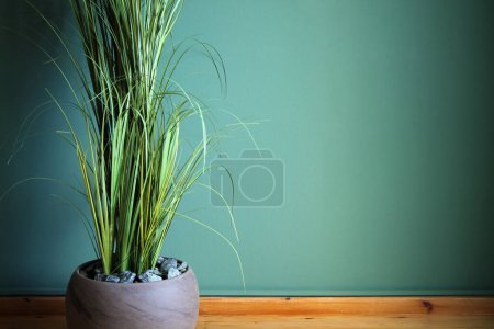 Photo for Artificial home plant on a green wall background. Space for your text. - Royalty Free Image