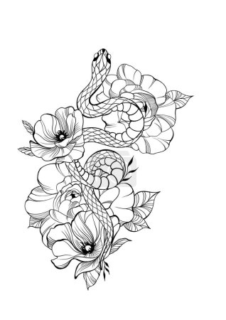 Tattoo snake with flowers detailed sketch. Traditional Tattoo Old School Tattooing Style Ink. Snake silhouette illustration. 