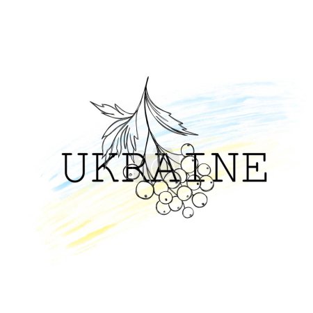 Photo for Stop the war in Ukraine. Ukrainian yellow-blue flag and viburnum. Ukrainian berry. One continuous line art drawing of viburnum. - Royalty Free Image