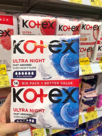 Photo for 12.03.2023, Ukraine, Kharkov: Kotex production with logo. Kotex is a brand of feminine hygiene products, which includes maxi, thin and ultra thin pads. - Royalty Free Image
