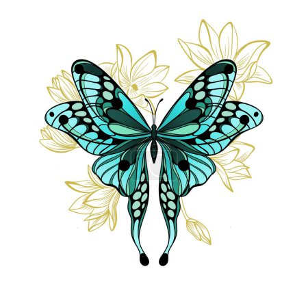 Mariposa verde y magnolia dorada flores a mano alzada. Diseño para la impresión de ilustraciones en camisetas, bloc de notas, cubiertas