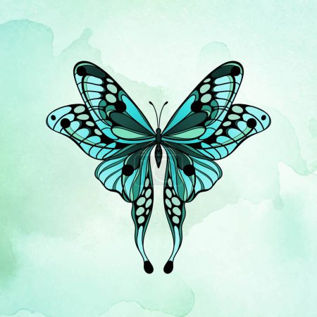 Mariposa verde sobre fondo de acuarela verde. Diseño para la impresión de ilustraciones en camisetas, bloc de notas, cubiertas