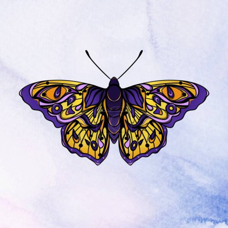 Mariposa de color sobre un fondo de acuarela púrpura. Diseño para la impresión de ilustraciones en camisetas, bloc de notas, cubiertas