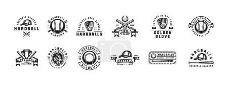 Illustration for Set of vintage retro baseball game sport emblem, logo, badge, label. mark, poster or print. Monochrome Graphic Art. Vector Illustration. Engraving style. Woodcut. - Royalty Free Image