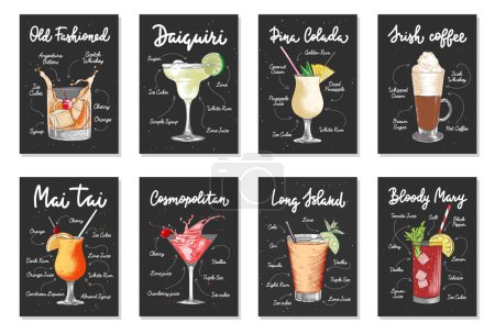 Illustration for Set of 8 advertising recipe lists with alcoholic drinks, cocktails and beverages lettering posters, wall decoration, prints, menu design. Hand drawn vector engraved sketches. Handwritten calligraphy. - Royalty Free Image