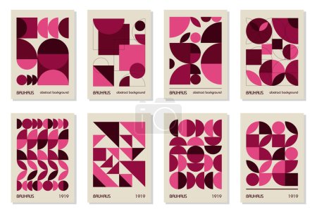 Illustration for Set of 8 minimal vintage 20s geometric design posters, wall art, template, layout with primitive shapes. Bauhaus pink magenta retro pattern background, vector abstract circle, triangle and square - Royalty Free Image