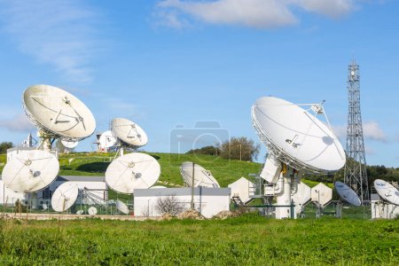 Photo for Satellite dishes at the continente satellite operational center in sintra, under a blue sky - Royalty Free Image