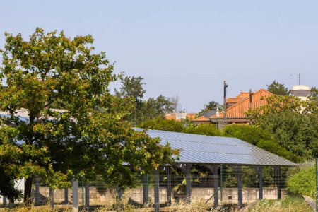Solar panels on a metal structure with residential homes and trees in the background