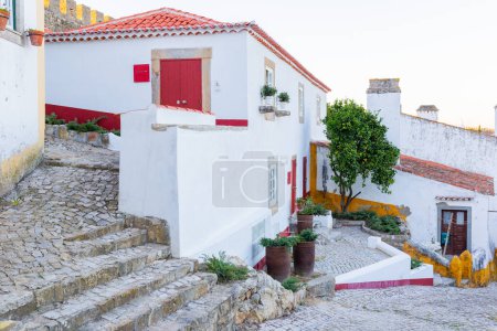 Malerischer Blick auf die traditionellen weißen Häuser mit hellen Akzenten in Obidos, Portugal