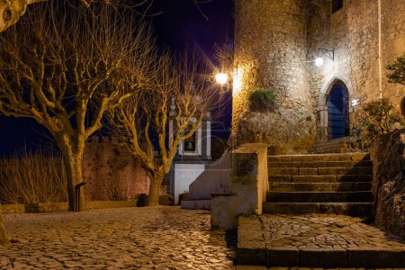 Cobblestone street and illuminated walls in the historic village of Obidos, portugal at night