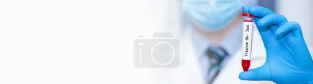 Photo for Doctor holding a test blood sample tube with Vitamin B6 test. Banner. Copy space for text. - Royalty Free Image