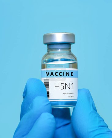 Un médico con guantes azules sostiene un frasco con un vial de vacuna H5N1.Vacuna contra la gripe aviar. El concepto de medicina, salud y ciencia.