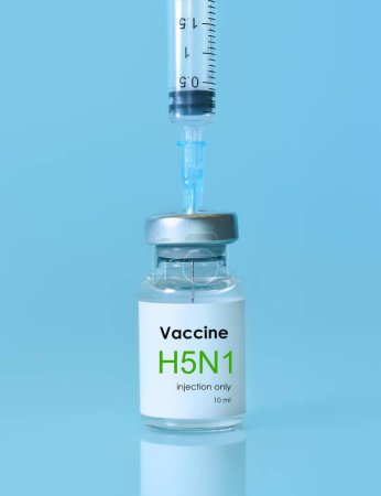 Vaccine vial of H5N1 in a bottle with a syringe on a blue background. Bird flu vaccine. The concept of medicine, healthcare and science.