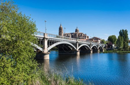 Foto de Perspectiva del puente de Enrique Estevan sobre el río Tormes y la catedral de Salamanca en el fondo con cielo azul claro. - Imagen libre de derechos