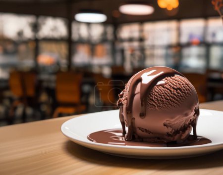 Téléchargez les photos : Une cuillère de crème glacée au chocolat avec du chocolat fondu sur le dessus sur une assiette et un fond de café moderne hors foyer. - en image libre de droit
