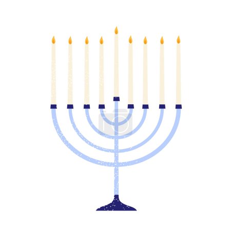 Téléchargez les illustrations : Menorah juive avec des bougies allumées. Candélabre Hanoukka à neuf sections. Illustration vectorielle en style dessin animé. Fond blanc isolé - en licence libre de droit
