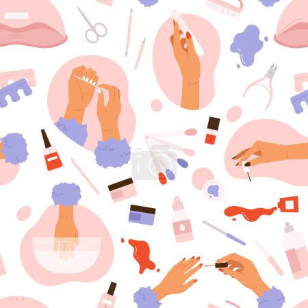 Illustration for Manicure tools  seamless pattern. Women's hand and accessories. Products for nail care in the salon or at home. Beauty treatment aesthetic. Vector illustration in cartoon style. Isolated white background - Royalty Free Image