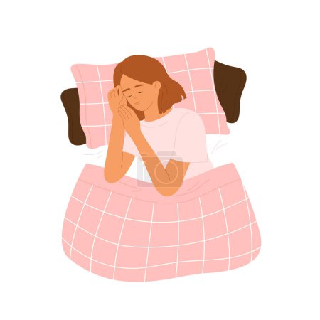 Junge Frau schläft im Bett unter einer Decke. Schlafendes Mädchen in einem gemütlichen Bett. Gesunder Schlaf, Entspannungskonzept. Vektorillustration im Cartoon-Stil. Isolierter Hintergrund
