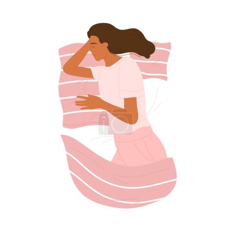 Photo for Young woman sleeping in bed under a blanket. Asleep girl in a cozy bed. Healthy sleep, relaxation, restore energy concept. Vector illustration in cartoon style. Isolated background - Royalty Free Image