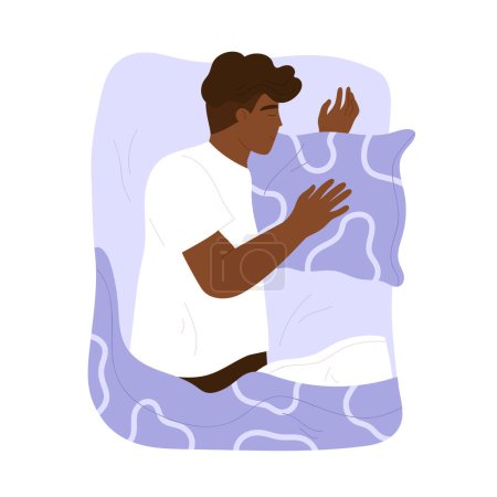 Photo for Young man sleeping in bed under a blanket. Asleep guy in a cozy bed. Healthy sleep, relaxation, restore energy concept. Vector illustration in cartoon style. Isolated background - Royalty Free Image