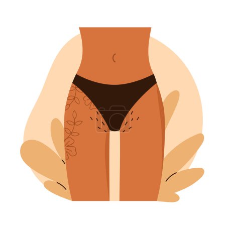 Photo for Female hips with flower tattoo and hairy bikini. Pubic hair. Body Positive,  love yourself, normalize female body hair. Vector illustration in cartoon style. Isolated white background. - Royalty Free Image