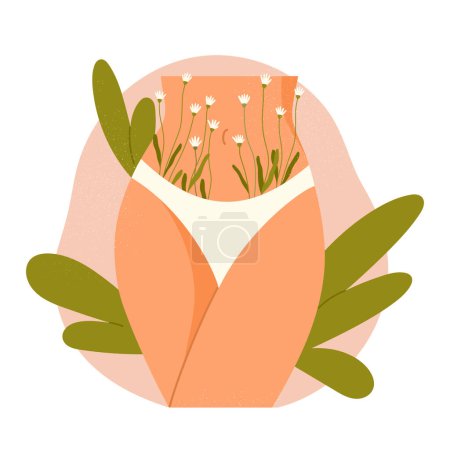 Photo for Female hips with flower and leaves. Epilation, body Positive, normalize female body hair. Vector illustration in cartoon style. Isolated white background. - Royalty Free Image