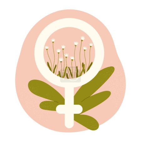 Photo for Female gender symbol with flowers and leaves. Gender equality and self-acceptance. Female sex or Venus symbol. Vector illustration in cartoon style. Isolated white background. - Royalty Free Image