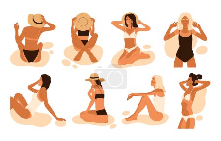 Photo for Collection of women with sunburn. Girl with sunstroke set. Sun tanning and UV exposure, body skin care and protection. Vector illustration in cartoon style. Isolated background - Royalty Free Image