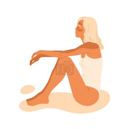 Photo for Woman with sunburn. Girl with sunstroke. Sun tanning, UV exposure. Body skin care and protection. Vector illustration in cartoon style. Isolated background - Royalty Free Image