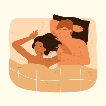Love couple sleeping after sex in bed. Man and woman lying after intimacy. Sexual and romantic relationships concept. Vector illustration in cartoon style. Isolated white background.