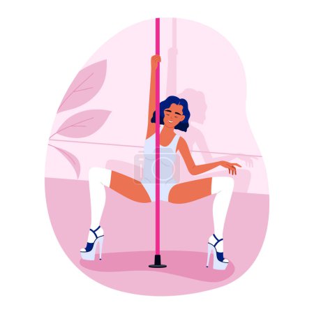 Illustration for Pole dance performer at a studio. Beautiful young girl dancing on the pylon. Pole dancing, fitness and sport lifestyle. Vector illustration in cartoon style. Isolated white background. - Royalty Free Image