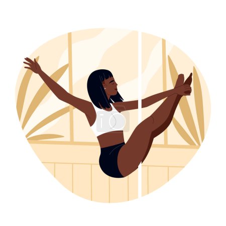 Illustration for Pole dance performer at a studio. Black girl dancing on the pylon. Pole dancing, fitness and sport lifestyle. Vector illustration in cartoon style. Isolated white background. - Royalty Free Image