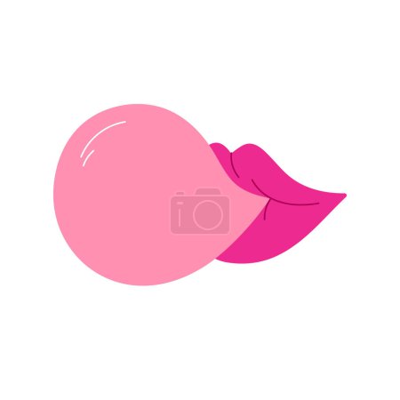 Photo for Lips inflate bubble of chewing gum. Female lips blowing pink bubble gum. Sweet chewing candy. Vector illustration in cartoon style. Isolated white background. - Royalty Free Image