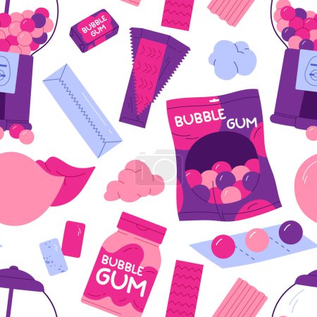 Photo for Bubblegum seamless pattern. Various sweet chewing candy: ball, stick, dragee, pillow, roll. Oral hygiene concept. Chewing gum collection. Vector illustration in cartoon style. Isolated white background. - Royalty Free Image
